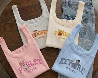 Camiseta sin mangas bordada de Winnie the Pooh, camiseta de dibujos animados de Pooh, Tigger, Piglet y Eeyore, camiseta con un lindo atuendo de los parques Disney.