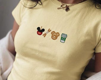 Personalized Disney Snacks Baby Tee, Custom Embroidered Disneyland Shirt, Disney World Snack Crop Top, Cute Park Outfit