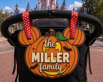 Custom Mickey Pumpkin Stroller Sign, Personalized Family Name Halloween Stroller Tag, Disney Fall Theme Park Trip Decor