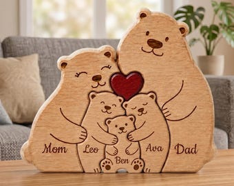 Personalized Wooden Bear Family Puzzle, Custom Name Engraved Family Decor, Hugging Bear Keepsake Gift, Baby Family Puzzle
