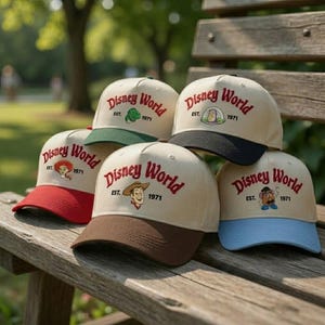 Op de afbeelding: Een verzameling beige baseballpetten met gebogen kleppen. Elke pet heeft het "Disney World" logo in rode borduursels, een karakterafbeelding en het jaar "1971". De kleppen zijn in verschillende kleuren, waaronder rood, groen, zwart, bruin en blauw.
