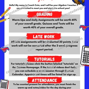 Puede incluir: Documento del programa de Álgebra 1 con detalles de calificación, política de trabajo tardío e instrucciones del tutorial. Incluye un mensaje de bienvenida de Coach Cote. Presenta una imagen de dibujos animados e ilustraciones de lápices.