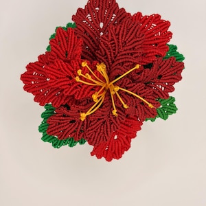 May include: A handmade macrame flower in shades of red, with green leaves and yellow stamens. The intricate knotting creates a detailed floral design, suitable for home decor or as a unique gift. The flower is centered on a white background.