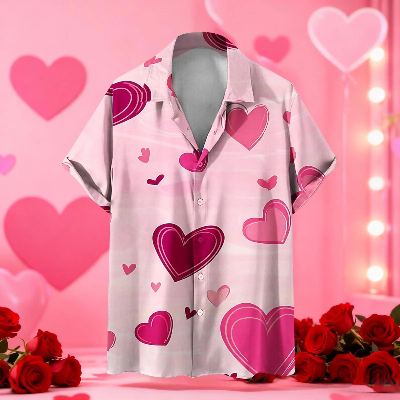 Discover Mens Valentine Heart Hawaiian Shirt, Pink Heart Button Down Shirt, Short Sleeve Collared Shirt for Him, Valentines Day Gift for Boyfriend