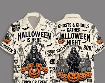Halloween skelet Grim Reaper Hawaiiaans shirt voor mannen, pompoen schedel Aloha shirt, vintage Spooky Button Down, Trick or Treat-cadeau