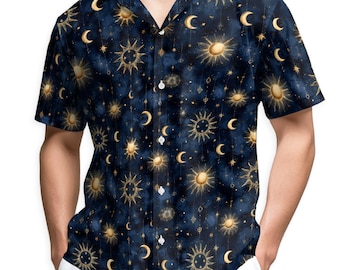 Camisa hawaiana celestial, camisa aloha de sol, luna y estrellas para hombre, camisa tropical de astrología y cielo nocturno, camisa bohemia cósmica unisex para vacaciones (tallas S-5XL)