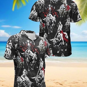 May include: Black button-down shirt with a repeating pattern of women riding bulls. The design features white and red accents against a dark background. The shirt has short sleeves and a classic collar, perfect for a casual look.