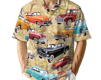 Vintage Auto Hawaiihemd für Männer, klassisches Automobil Aloha Hemd, Retro Road Trip Button Down, Auto Liebhaber Geschenk für Papa