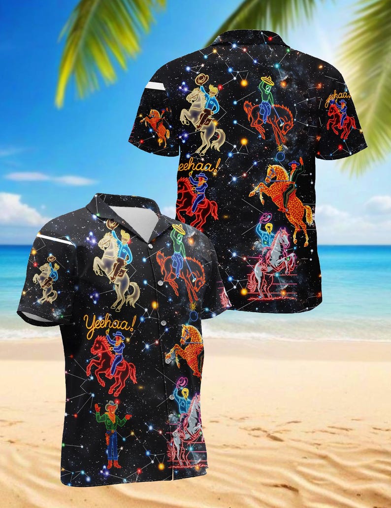 Neon Rodeo Shirt Design Neon Cowboy Hawaiian Shirt for Men, Western Rodeo Horse Aloha Shirt ...