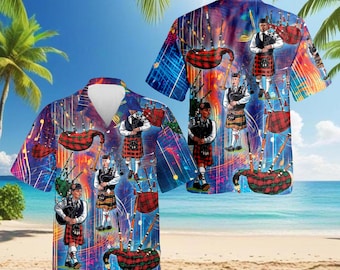Scottish Bagpipe Hawaiian Shirt, Bagpiper Shirt, Celtic Musician Gift Shirt, Scottish Pride Festival Outfit, Tartan Bagpipes Summer Shirt