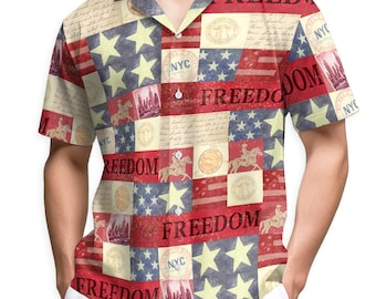 Camisa hawaiana patriótica para hombre / Camisa Aloha con la bandera estadounidense / Conjunto veraniego con estrellas y rayas de EE. UU. / Regalo para el 4 de julio