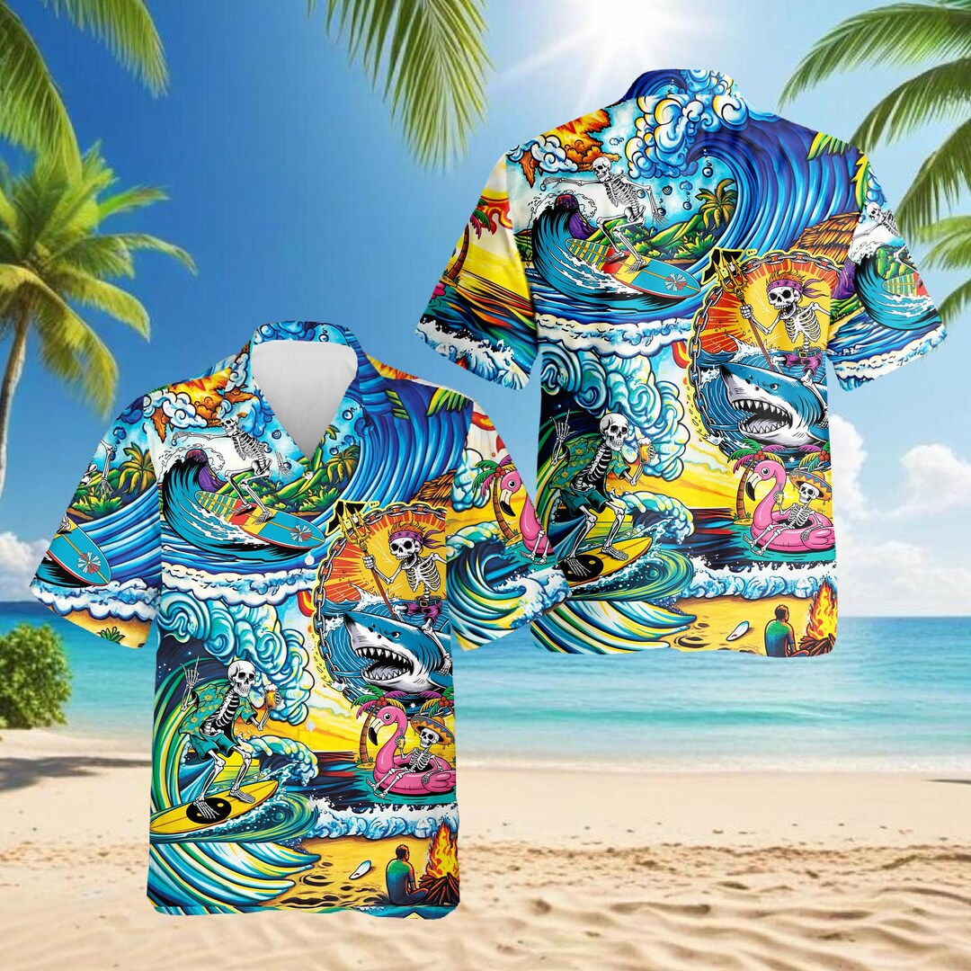 Skeleton Surfing Hawaiian Shirt Funny Beach Skull Aloha Shirt Surf Wave ...