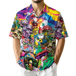 May include: A short-sleeve button-down shirt featuring a vibrant, psychedelic print. The design includes colorful mushrooms, a gnome playing an acoustic guitar, green aliens, a vintage car, sunflowers, and swirling patterns in shades of purple, blue, and yellow.
