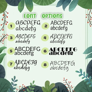 May include: An image displaying eight different font styles, each with upper and lower case letters. The words "FONT OPTIONS" are at the top. The fonts are numbered and set against a pale green backdrop with leaf and floral decorations.
