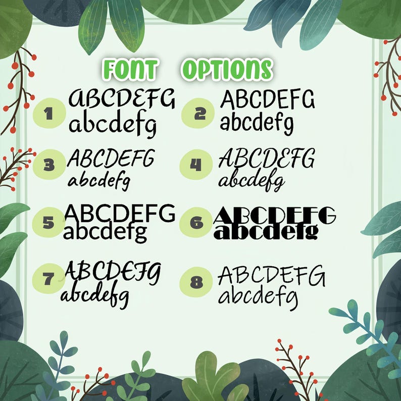 May include: An image displaying eight different font styles, each with upper and lower case letters. The words "FONT OPTIONS" are at the top. The fonts are numbered and set against a pale green backdrop with leaf and floral decorations.