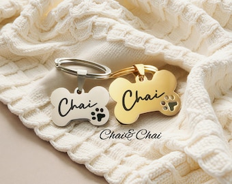 Dog Bone Shaped Engraved Dog Tag • Gold Dog Tag Stainless Steel • Personalized Dog Tag • Custom Dog Tag • Dog Name Tag • Puppy Tag