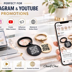 May include: Keychains with QR codes are displayed, one black and one gold. The image also shows a laptop displaying social media analytics, a smartphone with an Instagram interface, and text that reads "PERFECT FOR INSTAGRAM & YOUTUBE PROMOTIONS."