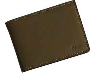 Portafoglio in pelle bi-fold fatto a mano: pelle di mucca color alghe e cioccolato al latte, 6 scomparti per carte