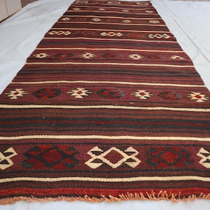 Handmade Maimana Kilim Rug, Antique Wool Tribal Boho Area Rug (3'8x10'5 ft), Rug for Home Decor,