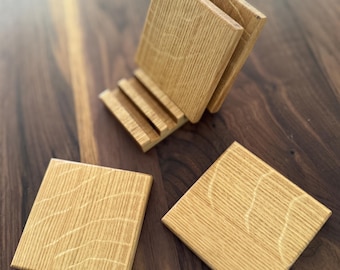 Handmade White Oak Coaster Set with Holder - Modern Drink Coasters