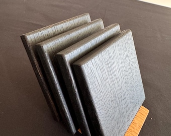 Charred Oak Wood Coaster Set with Holder: Modern Black Oak Decor