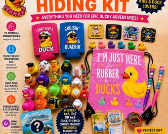 May include: A complete duck hiding kit featuring twenty-five rubber ducks, a pink drawstring bag with duck graphics and text, two foam can coolers, duck-themed tags, stickers, magnets, beaded pens, and rubber bands for cruise ship activities.