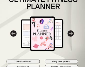 May include: A digital fitness planner with the text "ULTIMATE FITNESS PLANNER" at the top. The planner includes sections for fitness tracking, grocery lists, and weight loss tracking. The central image features a pink cover with illustrations of fitness-related items.