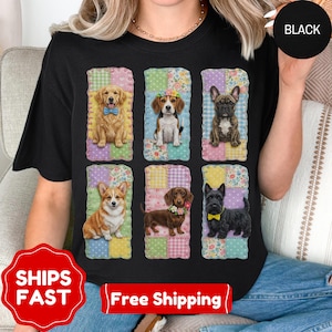Puede incluir: Una camiseta negra con un estampado gráfico de seis perros en marcos rectangulares de patchwork. Los perros incluyen un golden retriever con lazo azul, un beagle con corona de flores, un bulldog francés, un corgi, un teckel con collar de flores y un terrier escocés negro con lazo amarillo.
