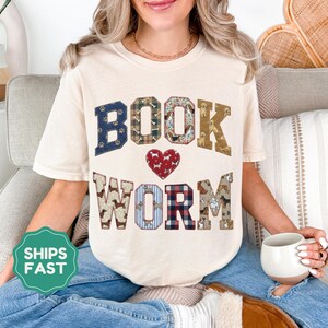 Book Worm Dog Shirt, Patchwork Bookish T-Shirt, Dog Mom Gift, Cute Reader Shirt, Cozy Book Club Tee, Vintage Style Graphic Tee