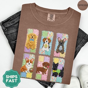 Camiseta de Pascua para perros, colores cómodos, camiseta para mamás de perros, camiseta de patchwork para cachorros, linda camiseta de Pascua en tonos pastel, regalo para amantes de los perros y mamás de mascotas.