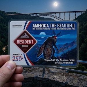 May include: A rectangular America the Beautiful National Parks and Federal Recreational Lands Pass card featuring a Mothman illustration, the text America the Beautiful, Resident Annual, and Legends Of The National Parks: MothMan Visitation.