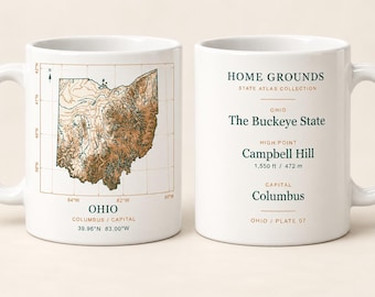 Taza con mapa topográfico de Ohio, taza de café Home Grounds State Atlas, 325 ml (11 oz)