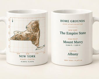 Taza con mapa topográfico de Nueva York, taza de café Home Grounds State Atlas, 325 ml (11 oz)