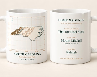 Taza con mapa topográfico de Carolina del Norte, taza de café Home Grounds State Atlas, 325 ml (11 oz)