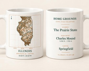 Taza con mapa topográfico de Illinois, taza de café Home Grounds State Atlas, 325 ml (11 oz)