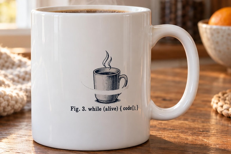 White ceramic mug printed with a looping arrow around a coffee cup and the caption Fig. 3. while (alive) { code(); }, in blue-black ink with red accents