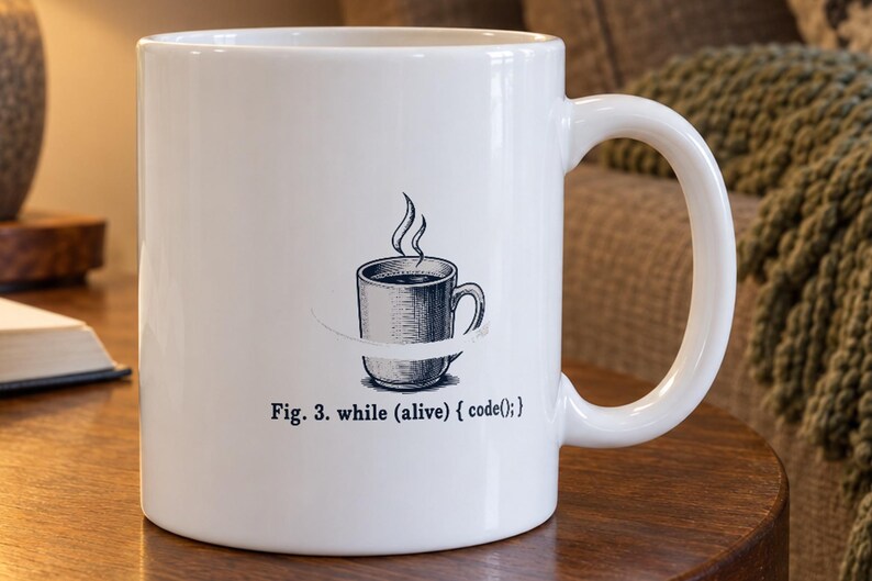 White ceramic mug printed with a looping arrow around a coffee cup and the caption Fig. 3. while (alive) { code(); }, in blue-black ink with red accents
