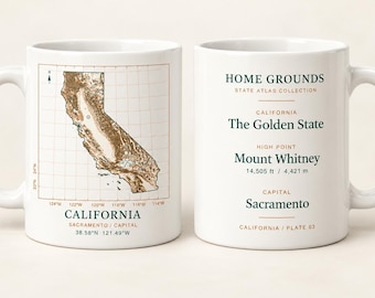 Taza con mapa topográfico de California, taza de café Home Grounds State Atlas, 325 ml (11 oz)