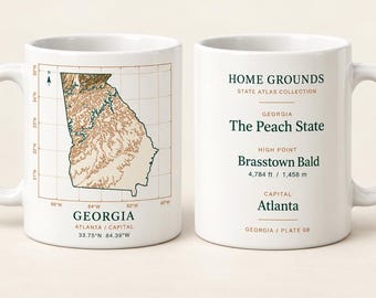 Taza con mapa topográfico de Georgia, taza de café Home Grounds State Atlas, 325 ml (11 oz)
