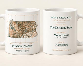 Taza con mapa topográfico de Pensilvania, taza de café Home Grounds State Atlas, 325 ml (11 oz)