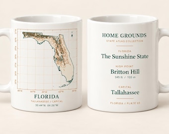 Taza con mapa topográfico de Florida, taza de café Home Grounds State Atlas, 325 ml (11 oz)