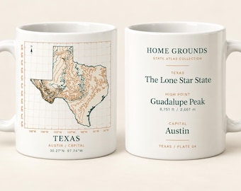 Taza con mapa topográfico de Texas, taza de café Home Grounds State Atlas, 325 ml (11 oz)