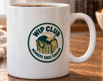 Crochet Mug - WIP Club, Patch-Style Graphic