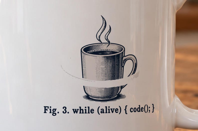 White ceramic mug printed with a looping arrow around a coffee cup and the caption Fig. 3. while (alive) { code(); }, in blue-black ink with red accents