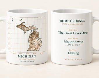Taza con mapa topográfico de Michigan, taza de café Home Grounds State Atlas, 325 ml (11 oz)