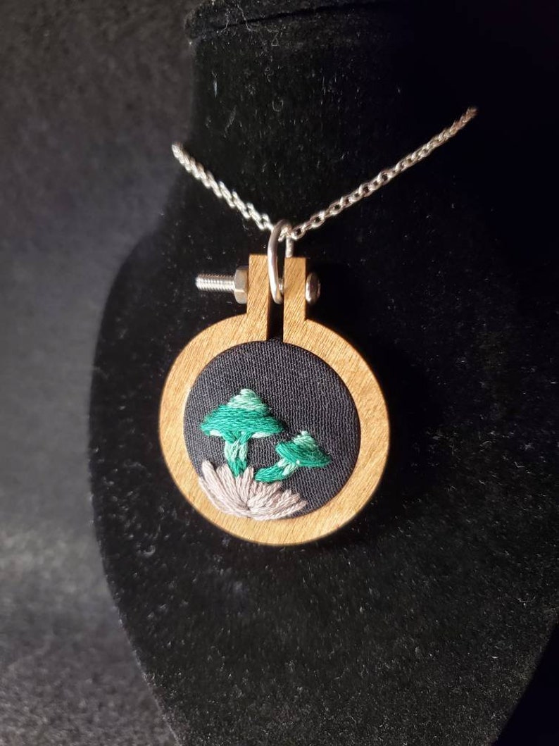 Hand embroidered mushroom pendant
