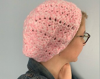 Soft Chunky Crochet Pink Beret Style Beannie