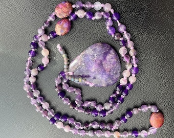 Hand Knotted Purple Gemstone Mala Prayer Necklace - amethyst, lepidolite, druzy, agate
