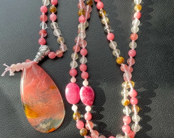 Hand Knotted Pink Gemstone Mala Prayer Necklace