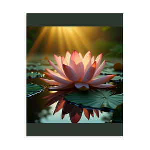 May include: A pink lotus flower in full bloom floating on dark water, surrounded by large green lily pads. The petals are illuminated by warm, golden sunlight streaming from above, creating a clear reflection on the water surface below.